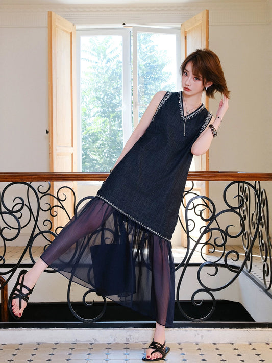 MIUCO very beautiful embroidered denim dress small temperament mesh ruffle sleeveless vest dress summer