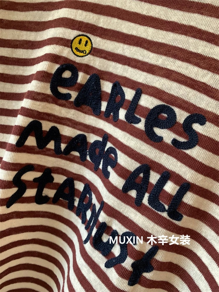 Embroidered smiley face letters color block stripes fashionable casual Korean loose women's long-sleeved top T-shirt
