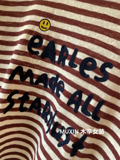 Embroidered smiley face letters color block stripes fashionable casual Korean loose women's long-sleeved top T-shirt