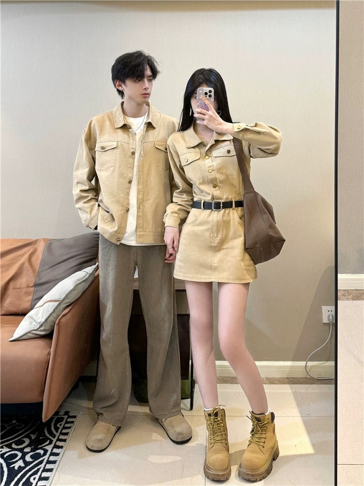 Niche design couple's clothing spring and autumn 2024 Korean style long-sleeved shirt women's dress French style one skirt and one trendy dress