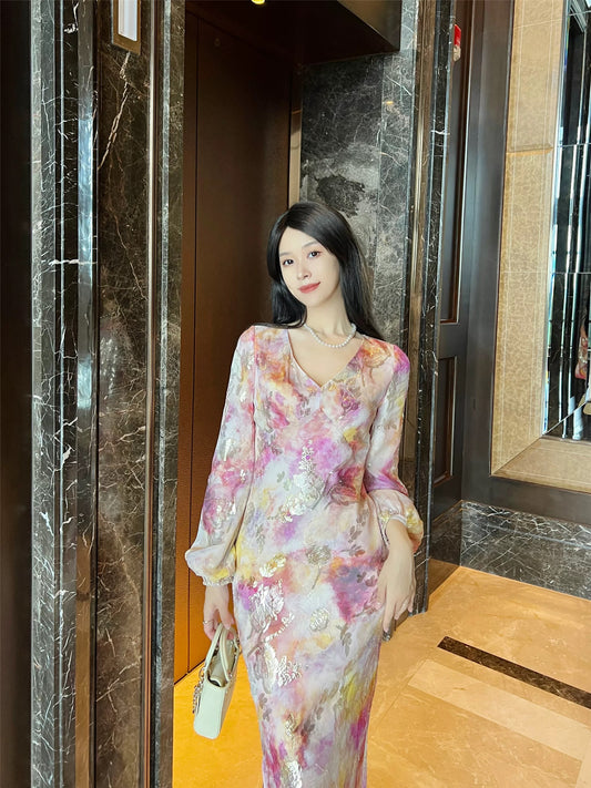 Haute Couture [Floating Life Like a Dream] Ink smudged gold leather cut jacquard waist French mulberry silk dress