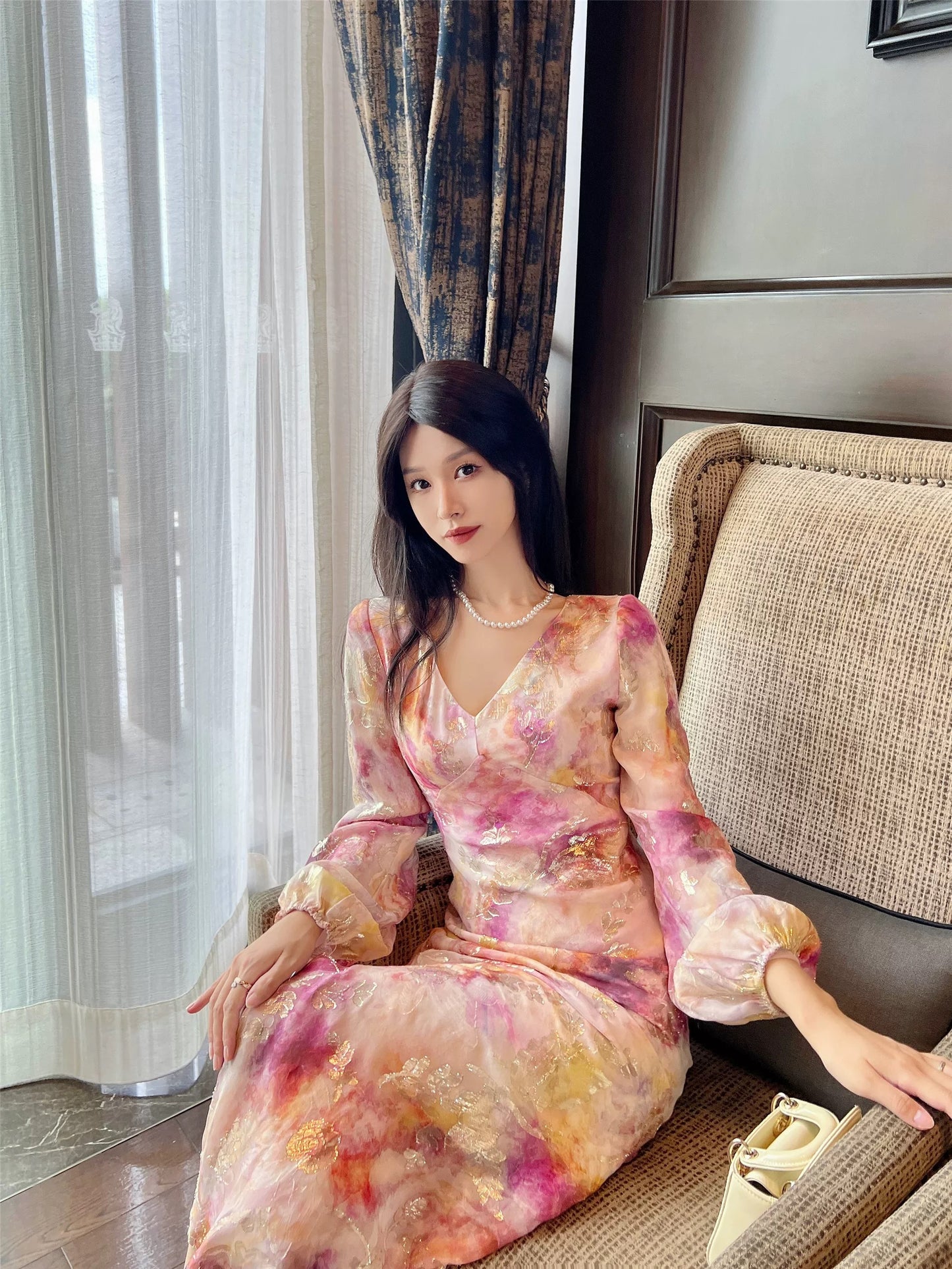 Haute Couture [Floating Life Like a Dream] Ink smudged gold leather cut jacquard waist French mulberry silk dress