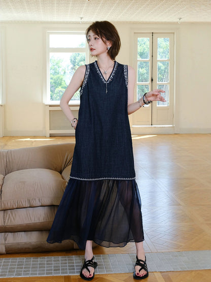 MIUCO very beautiful embroidered denim dress small temperament mesh ruffle sleeveless vest dress summer