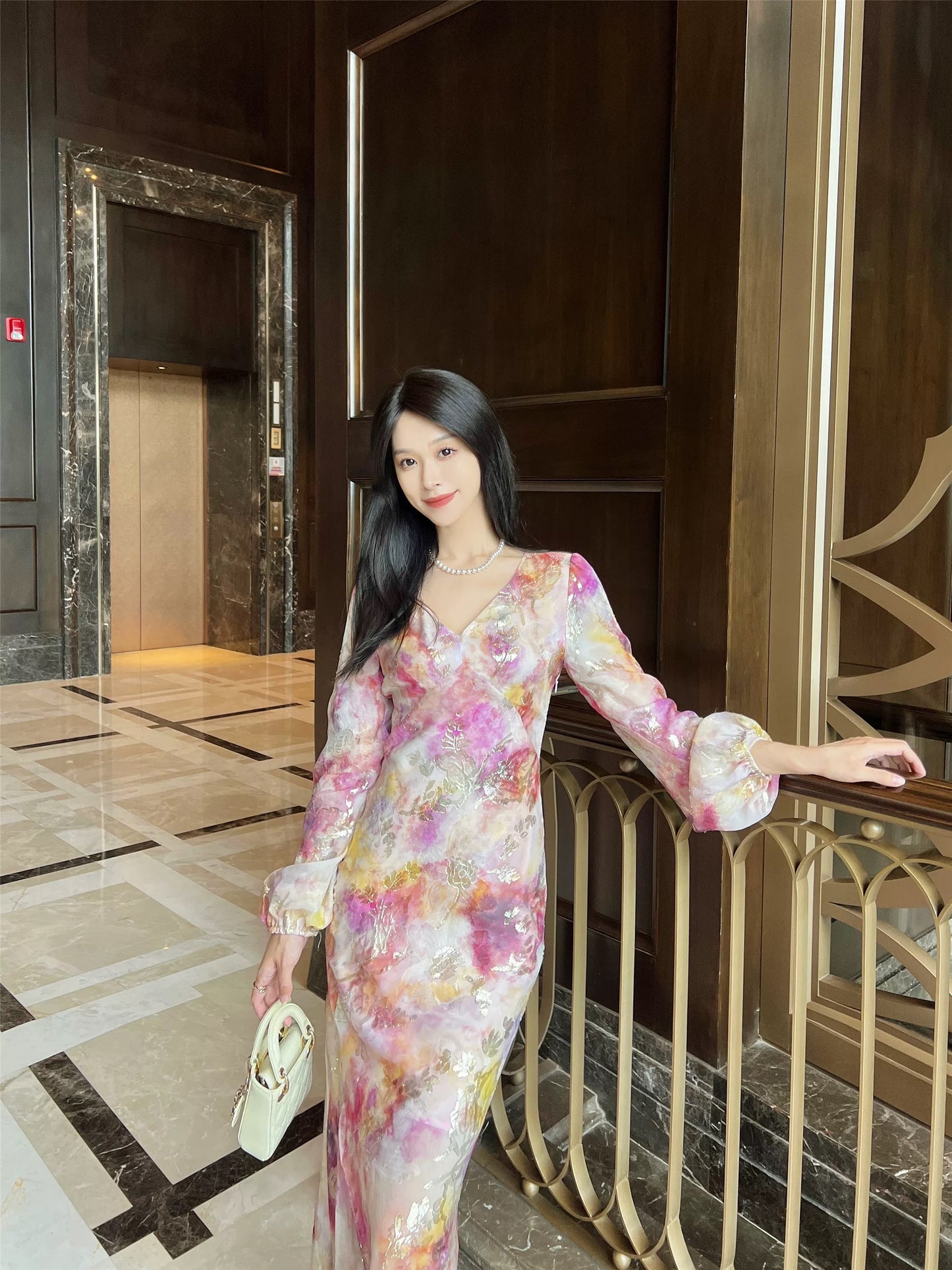 Haute Couture [Floating Life Like a Dream] Ink smudged gold leather cut jacquard waist French mulberry silk dress