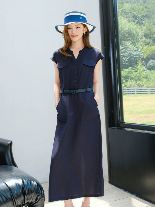 MIUCO minimalist style workplace ol shirt dress V-shaped slit round neck raglan sleeve dress female 2025 summer