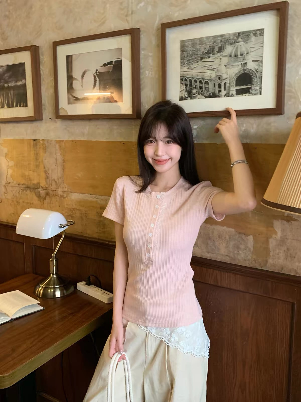 Morning Bloom Women's Summer Slim-Fit Henley-Neck T-Shirt with Pink Lace Paneling