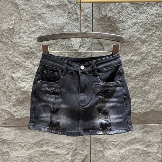 Retro black high waist hot girl denim shorts for women summer new style ripped design slim fit hip skirt