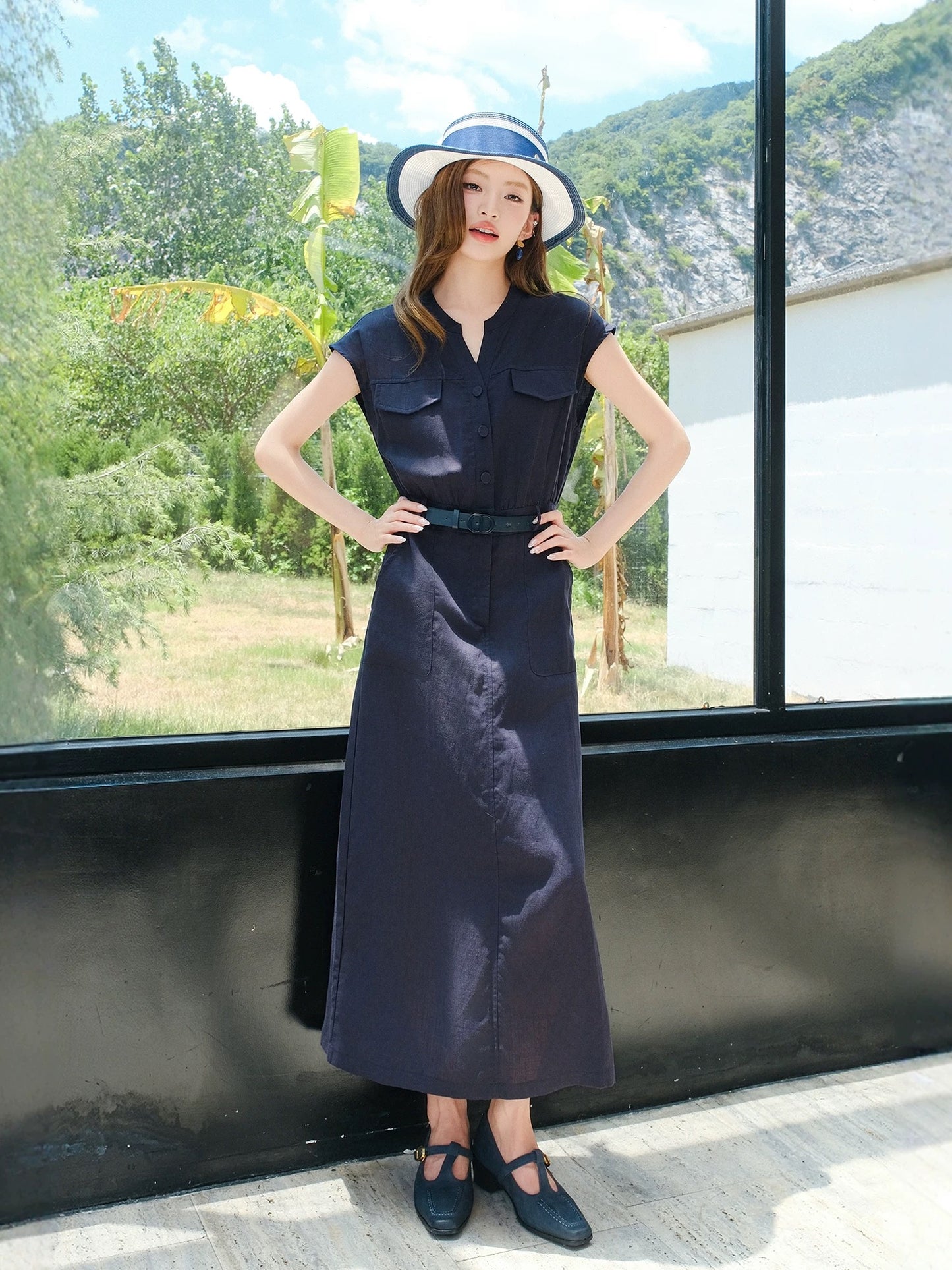 MIUCO minimalist style workplace ol shirt dress V-shaped slit round neck raglan sleeve dress female 2025 summer