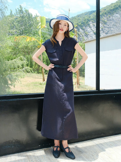 MIUCO minimalist style workplace ol shirt dress V-shaped slit round neck raglan sleeve dress female 2025 summer
