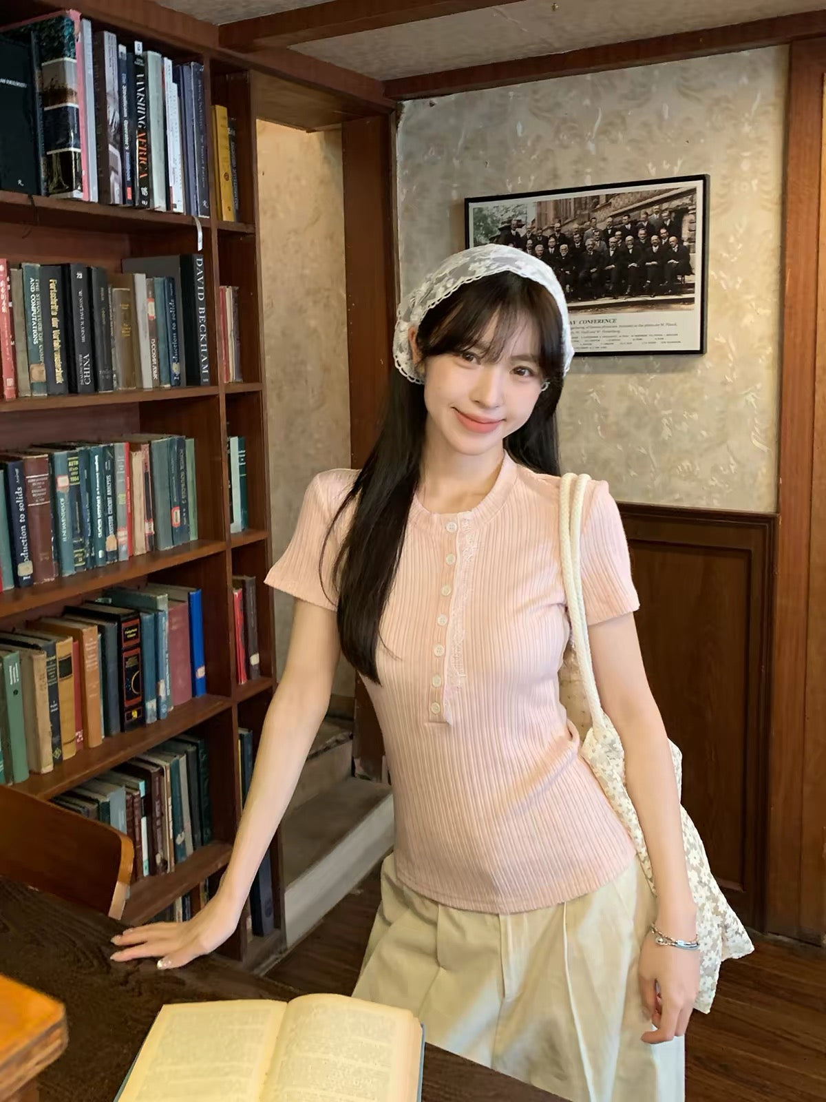 Morning Bloom Women's Summer Slim-Fit Henley-Neck T-Shirt with Pink Lace Paneling