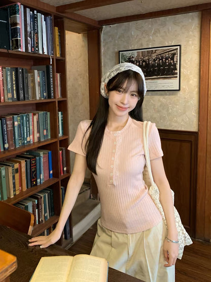 Morning Bloom Women's Summer Slim-Fit Henley-Neck T-Shirt with Pink Lace Paneling