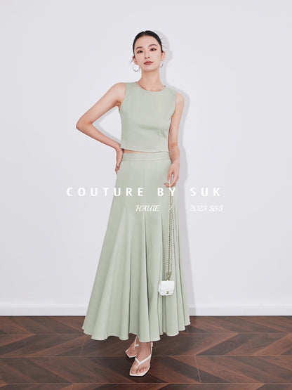 SUK roams the Aegean Sea! Trendy suit women's green sleeveless top and skirt two-piece set