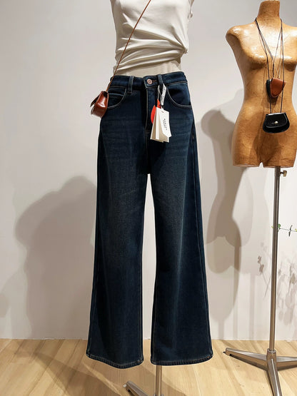 Dark blue fleece-lined straight leg jeans for women, winter retro high-waisted loose wide-leg pants