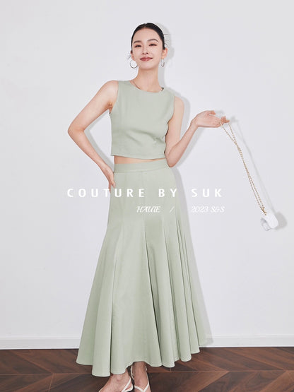 SUK roams the Aegean Sea! Trendy suit women's green sleeveless top and skirt two-piece set