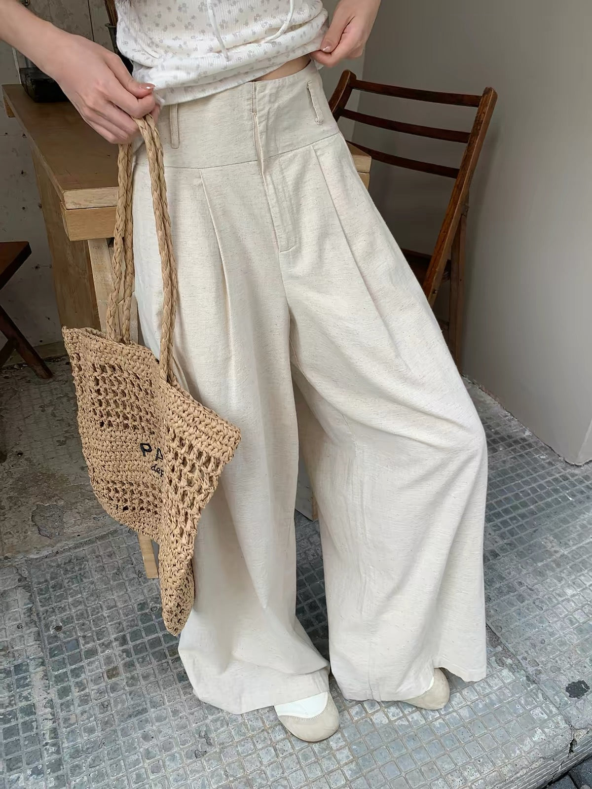 Morning Bloom Women's Summer High-Waisted Linen Wide-Leg Trousers – Relaxed, Versatile, and Drapey Casual Pants