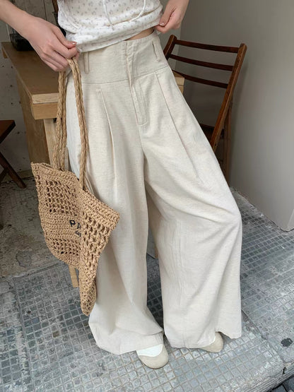 Morning Bloom Women's Summer High-Waisted Linen Wide-Leg Trousers – Relaxed, Versatile, and Drapey Casual Pants