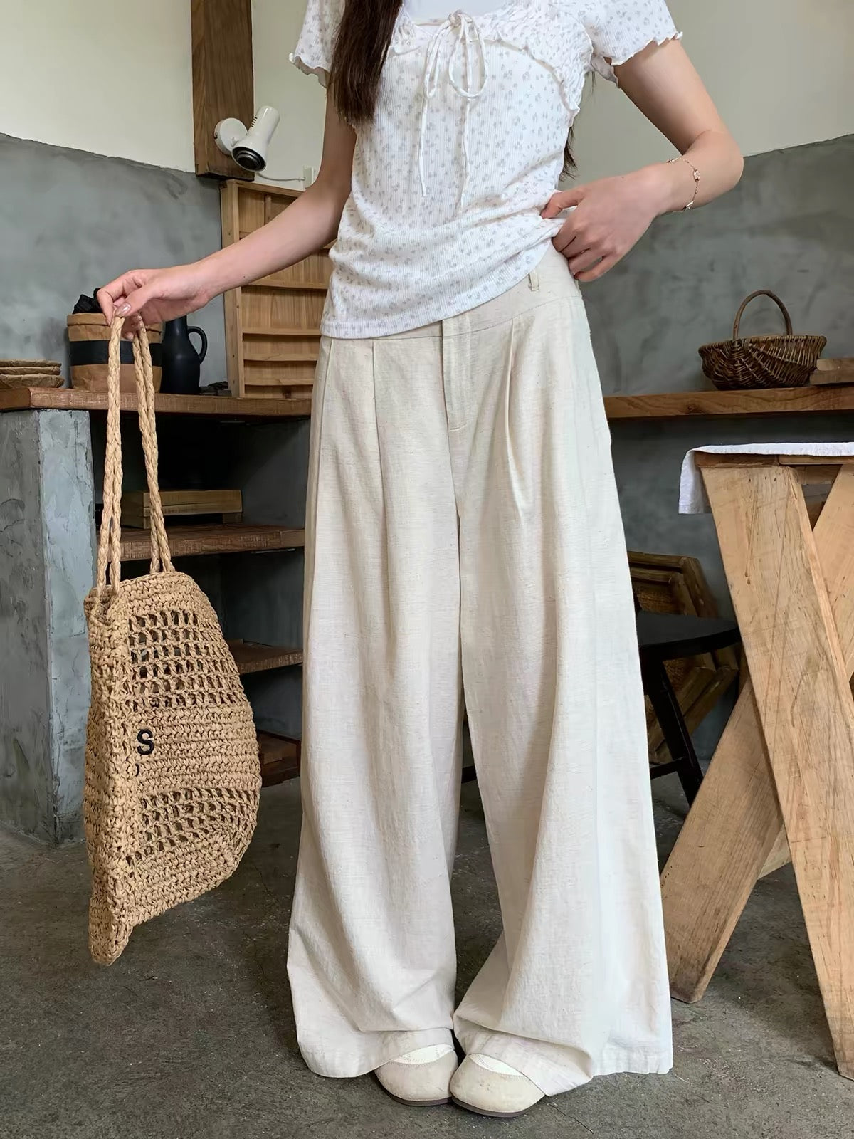 Morning Bloom Women's Summer High-Waisted Linen Wide-Leg Trousers – Relaxed, Versatile, and Drapey Casual Pants