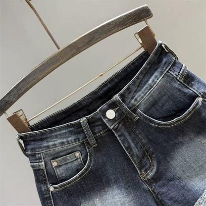 Turned-up washed retro denim shorts for women 2025 summer new high waist hot girl wide leg raw edge a-line hot pants