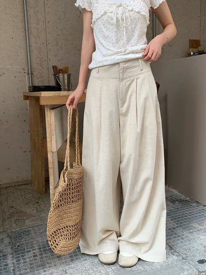 Morning Bloom Women's Summer High-Waisted Linen Wide-Leg Trousers – Relaxed, Versatile, and Drapey Casual Pants