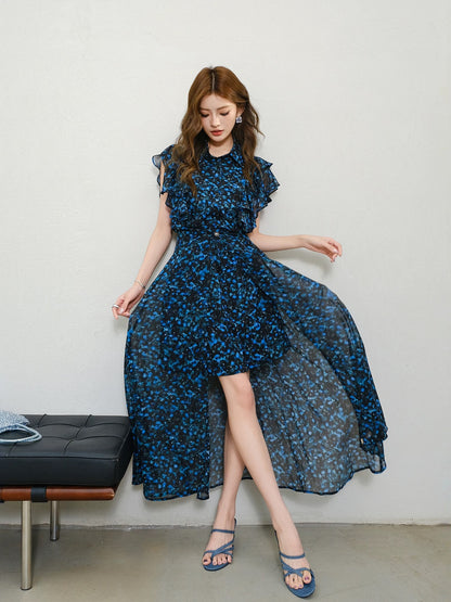 MIUCO designer floral skirt suit ruffled shirt skirt wrap-style skirt temperament layered two-piece suit