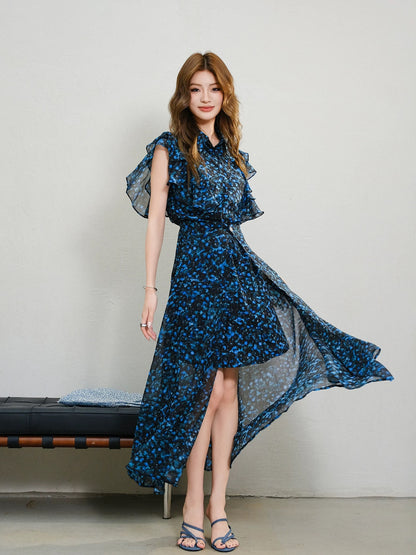 MIUCO designer floral skirt suit ruffled shirt skirt wrap-style skirt temperament layered two-piece suit