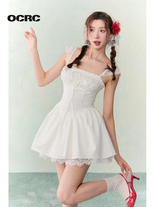 OCRC Official Holiday Style Crocheted Small Flying Sleeves Drawstring Waist Dress Sweet Girly White Skirt