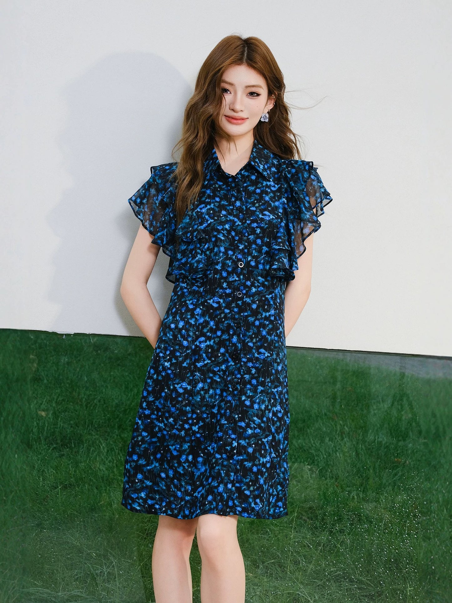 MIUCO designer floral skirt suit ruffled shirt skirt wrap-style skirt temperament layered two-piece suit