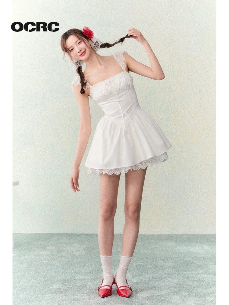 OCRC Official Holiday Style Crocheted Small Flying Sleeves Drawstring Waist Dress Sweet Girly White Skirt