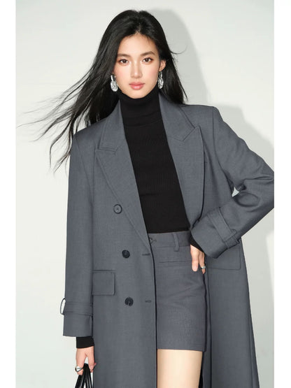 NEVA HU gray mid-length blazer women's autumn Korean version new high-end loose temperament windbreaker coat