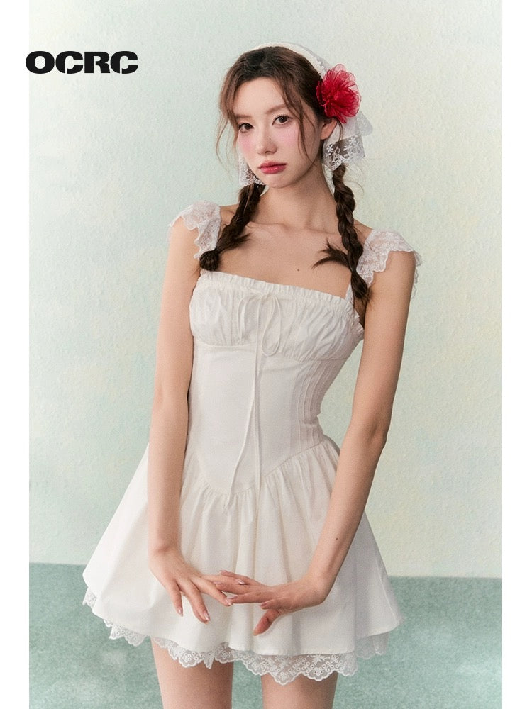OCRC Official Holiday Style Crocheted Small Flying Sleeves Drawstring Waist Dress Sweet Girly White Skirt