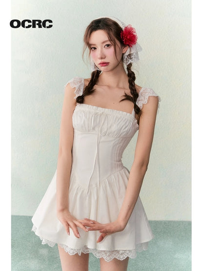 OCRC Official Holiday Style Crocheted Small Flying Sleeves Drawstring Waist Dress Sweet Girly White Skirt