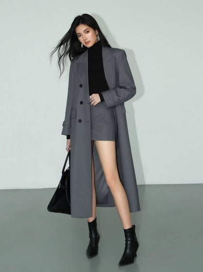 NEVA HU gray mid-length blazer women's autumn Korean version new high-end loose temperament windbreaker coat