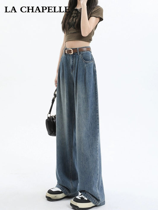La Chapelle narrow wide-leg jeans for women summer thin 2024 new high-waisted loose straight floor-length mopping pants