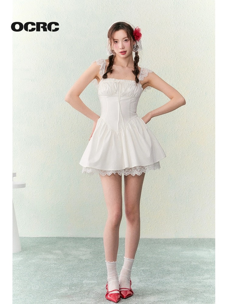 OCRC Official Holiday Style Crocheted Small Flying Sleeves Drawstring Waist Dress Sweet Girly White Skirt