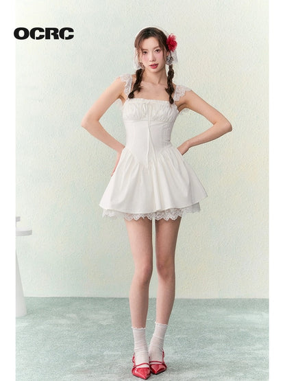 OCRC Official Holiday Style Crocheted Small Flying Sleeves Drawstring Waist Dress Sweet Girly White Skirt