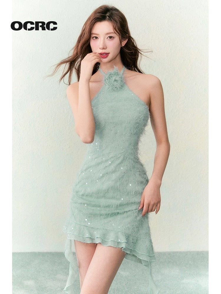 OCRC Official Temperament gold-style halterneck dress for women with sparkling fringe fabric and sweet style skirt