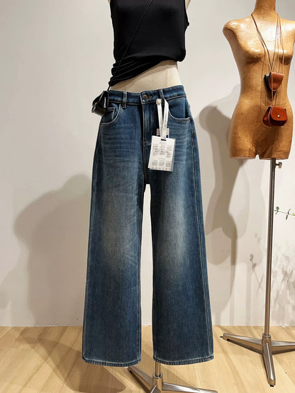 Retro high-waisted wide-leg jeans for women, winter fleece-lined, casual, slimming straight leg pants