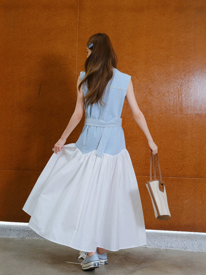 MIUCO Ou Ruofeng personality stitching skirt design round neck belt waist sleeveless dress 2025