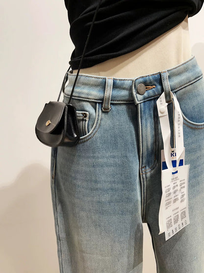 Retro high-waisted wide-leg jeans for women, winter fleece-lined, casual, slimming straight leg pants