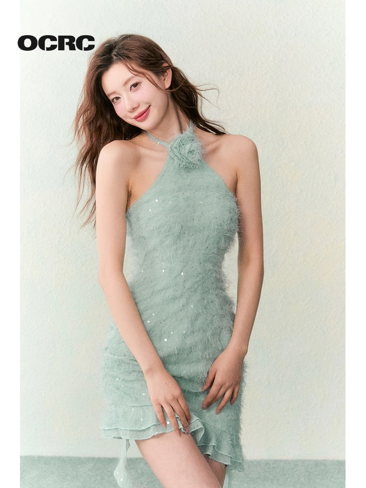 OCRC Official Temperament gold-style halterneck dress for women with sparkling fringe fabric and sweet style skirt