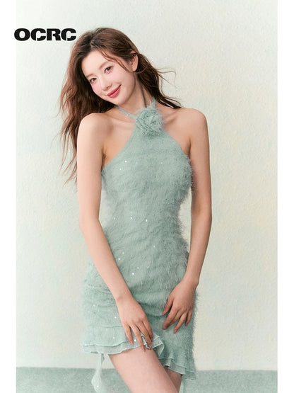 OCRC Official Temperament gold-style halterneck dress for women with sparkling fringe fabric and sweet style skirt