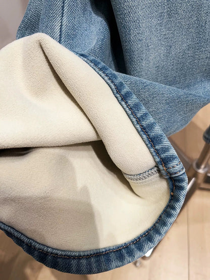 Retro high-waisted wide-leg jeans for women, winter fleece-lined, casual, slimming straight leg pants