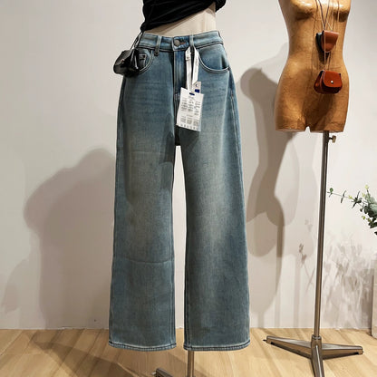 Retro high-waisted wide-leg jeans for women, winter fleece-lined, casual, slimming straight leg pants