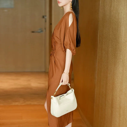 MIUCO [Mocha Brown] Linen Elegant Off-the-shoulder V-neck Stand-up Waist Slit Dress