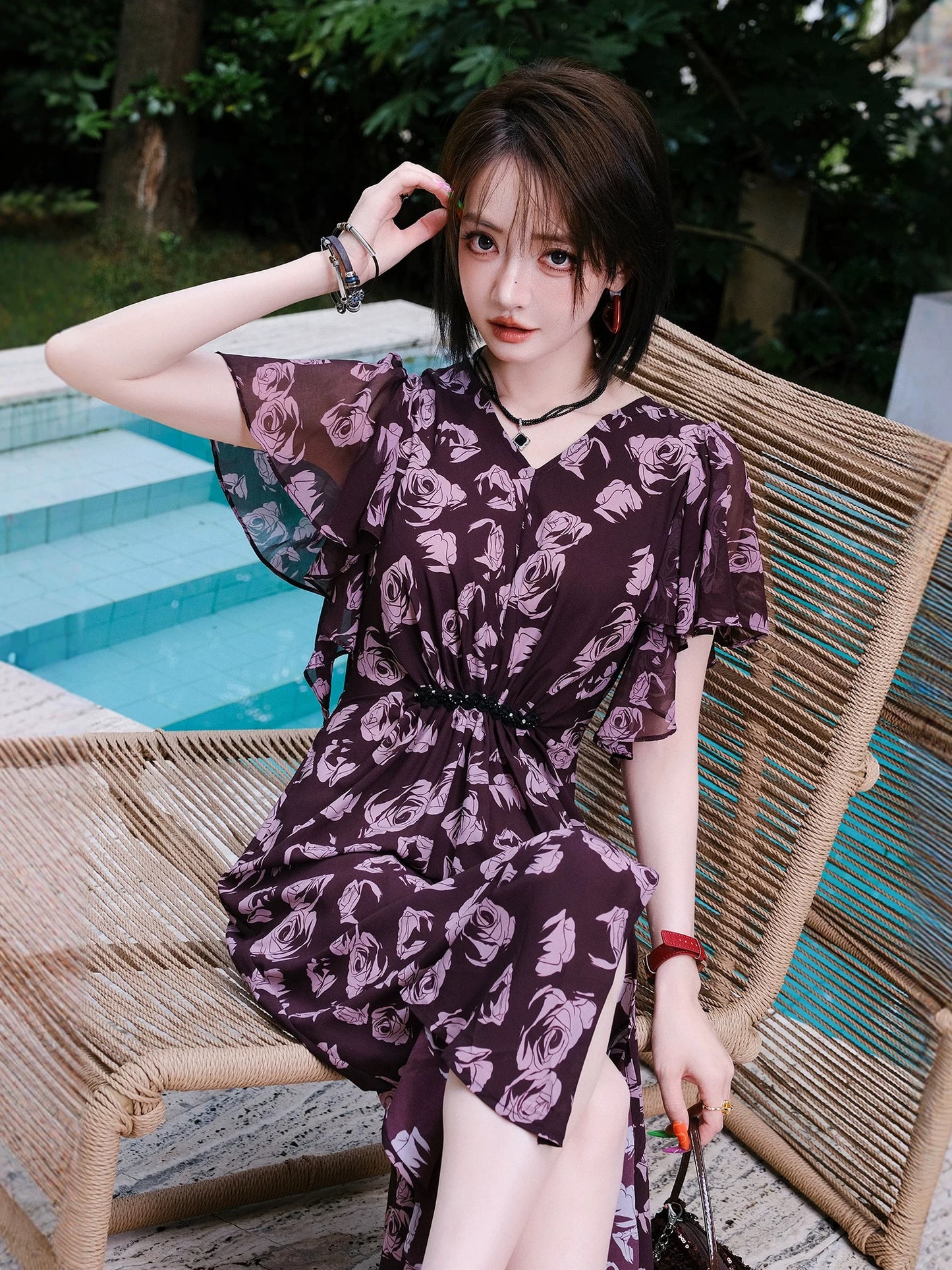 MIUCO atmospheric elegant retro printed feminine dress lotus leaf sleeves V-neck waist slit skirt 2025 summer