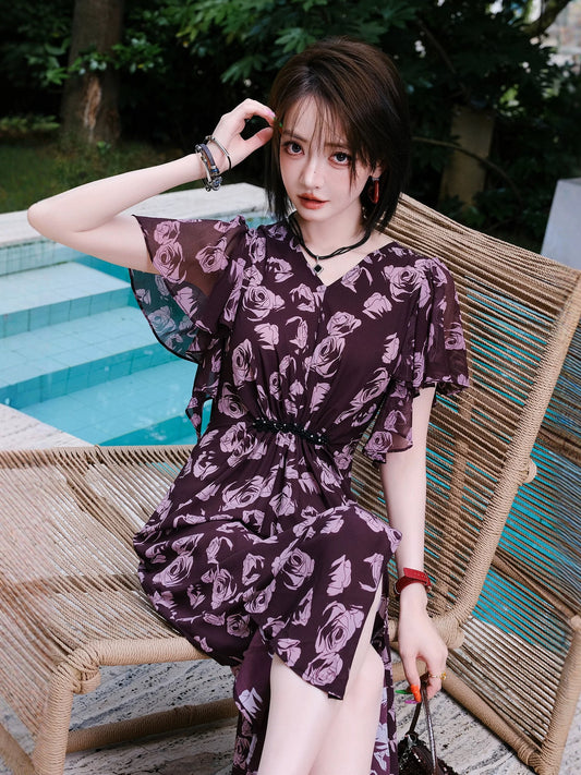 MIUCO atmospheric elegant retro printed feminine dress lotus leaf sleeves V-neck waist slit skirt 2025 summer