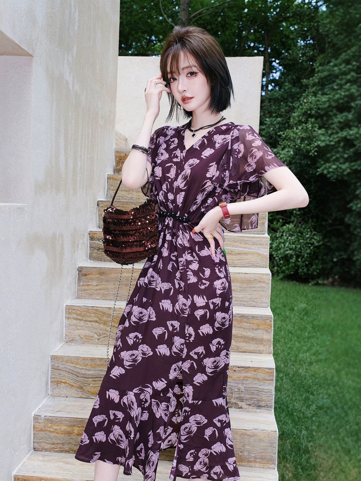 MIUCO atmospheric elegant retro printed feminine dress lotus leaf sleeves V-neck waist slit skirt 2025 summer