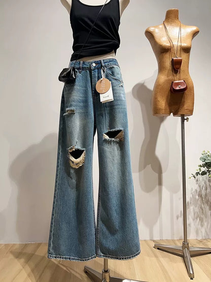 Ripped Wide-Leg Jeans for Women, Spring/Summer, Korean Style, Loose Fit, Slimming Straight Leg, Floor-Length Pants