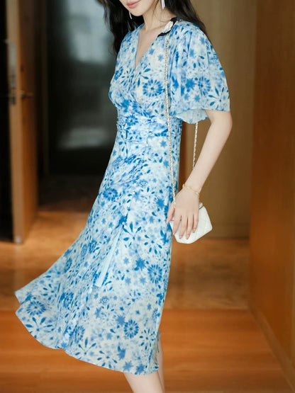 [Limited time sale] Romantic French tea dress V-neck trumpet sleeve silk print dress
