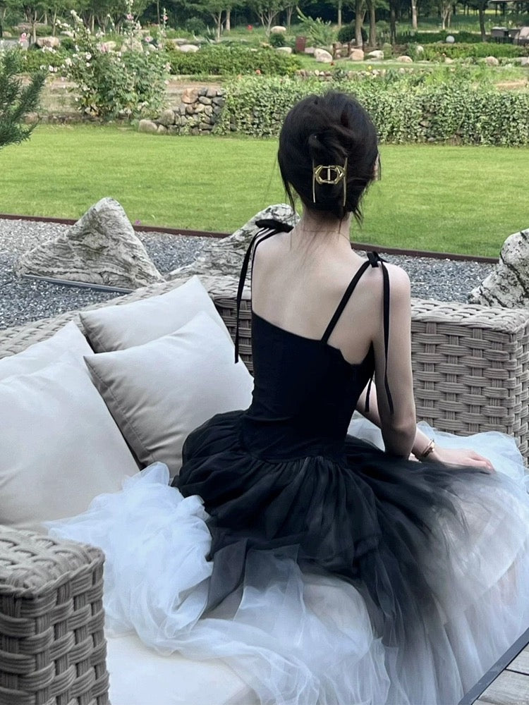 French Hepburn style black gradient mesh dress for women summer new style small fragrant tea break suspender tutu skirt for women